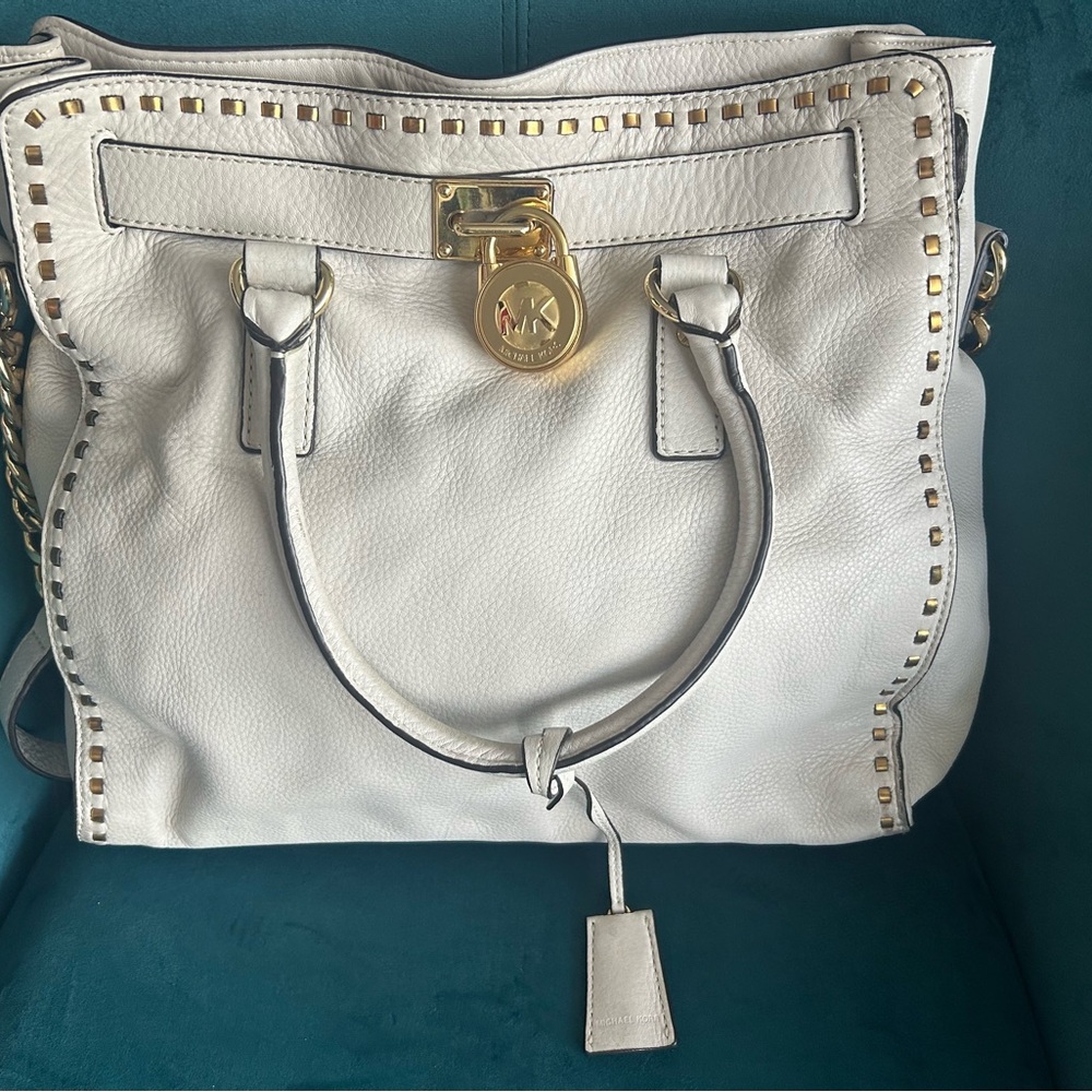 Michael Kors Hamilton Whipstich White Leather Tote Bag